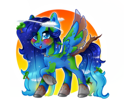 Size: 1198x1024 | Tagged: safe, artist:meqiopeach, oc, oc only, oc:terra natura, species:earth pony, species:pegasus, species:pony, art, blushing, cloud, cute, dirt, earth, female, fluffy mane, galaxy mane, hair over one eye, halo, jewelry, mare, markings, multicolored hair, necklace, open mouth, planet, raised hoof, raised leg, raised tail, rock, simple background, simple shading, solo, sun, tail, tree, tree branch, water, white background