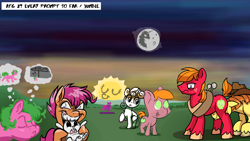 Size: 1920x1080 | Tagged: safe, artist:hellpony, character:angel bunny, character:big mcintosh, character:braeburn, character:scootaloo, character:sweetie belle, character:twilight sparkle, oc, species:earth pony, species:pegasus, species:pony, species:unicorn, newbie artist training grounds, atg 2020, biting, mare in the moon, moon, personal space invasion, sun, thought bubble