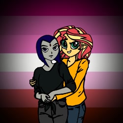 Size: 768x768 | Tagged: safe, artist:thatradhedgehog, character:sunset shimmer, my little pony:equestria girls, crossover, crossover shipping, female, hug, lesbian, lesbian pride flag, pride, pride flag, pride month, raven (teen titans), shimrav, shipping, teen titans
