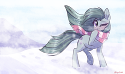 Size: 1915x1130 | Tagged: safe, artist:zlayd-oodles, character:marble pie, species:earth pony, species:pony, blushing, clothing, cold, cute, ear fluff, female, looking at you, marblebetes, mare, one eye closed, scarf, snow, solo