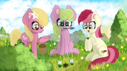 Size: 1920x1080 | Tagged: safe, artist:windykirin, character:daisy, character:lily, character:lily valley, character:roseluck, species:earth pony, species:pony, basket, cloud, cute, female, flower, flower trio, grass, hoof hold, large ears, mare, mouth hold, tree, trowel