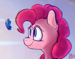 Size: 1494x1166 | Tagged: safe, artist:packy paca, character:pinkie pie, species:pony, bust, butterfly, chromatic aberration, female, portrait, solo