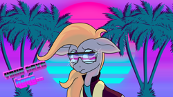 Size: 1920x1080 | Tagged: safe, artist:nevermore228, species:pony, clothing, glasses, jacket, palm tree, retro, retrowave, solo, sun, synthwave, tree
