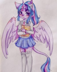 Size: 1080x1350 | Tagged: dead source, safe, alternate version, artist:mayguay, character:twilight sparkle, character:twilight sparkle (alicorn), species:alicorn, species:anthro, species:pony, book, clothing, colored, ear fluff, female, horn, skirt, solo, traditional art, wings