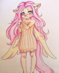 Size: 1080x1350 | Tagged: dead source, safe, alternate version, artist:mayguay, character:fluttershy, species:anthro, species:pegasus, species:pony, clothing, colored, dress, ear fluff, female, solo, traditional art