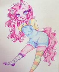 Size: 1080x1306 | Tagged: dead source, safe, alternate version, artist:mayguay, character:pinkie pie, species:anthro, species:earth pony, species:plantigrade anthro, species:pony, arm behind back, clothing, colored, ear fluff, female, lineart, overalls, peace sign, smiling, socks, solo, striped socks, thigh highs, traditional art