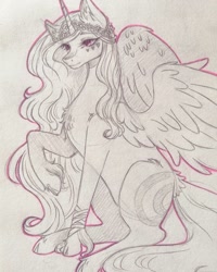 Size: 1080x1350 | Tagged: dead source, safe, artist:mayguay, oc, oc only, oc:luciana, species:alicorn, species:pony, alicorn oc, ear fluff, female, horn, lineart, mare, raised hoof, solo, traditional art, wings