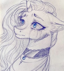 Size: 1080x1204 | Tagged: dead source, safe, artist:mayguay, oc, oc only, species:pony, species:unicorn, bust, choker, cross, crying, ear fluff, female, horn, jewelry, lineart, mare, necklace, solo, traditional art, unicorn oc