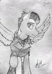 Size: 634x888 | Tagged: safe, artist:biergarten13, oc, oc:windburst, species:pegasus, species:pony, fallout equestria, fallout equestria: project horizons, 202nd, ace, clothing, colonel, egotistical, fallout equestria: ghosts of the past, fanfic art, fighter pilot, officer, spread wings, traditional art, uniform, wings