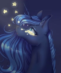 Size: 1080x1296 | Tagged: dead source, safe, artist:mayguay, character:princess luna, species:alicorn, species:pony, bust, crying, ear fluff, female, looking up, mare, night, solo, stars