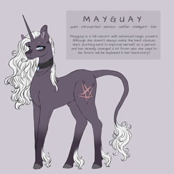 Size: 1080x1080 | Tagged: dead source, safe, artist:mayguay, oc, species:pony, species:unicorn, choker, colored hooves, ear fluff, female, horn, jewelry, leonine tail, mare, necklace, reference sheet, simple background, solo, unicorn oc