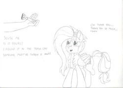 Size: 960x686 | Tagged: safe, artist:laurelcrown, character:kerfuffle, oc, species:pegasus, species:pony, friendship is magic: rainbow roadtrip, g4, my little pony: friendship is magic, black and white, grayscale, monochrome, pencil drawing, solo, traditional art, wholesome