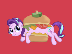 Size: 4032x3024 | Tagged: safe, artist:background basset, derpibooru original, character:starlight glimmer, species:pony, species:unicorn, borgarposting, burger, female, food, horse meat, long glimmer, long pony, meat, ponies in food, simple background, solo