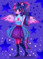 Size: 1100x1500 | Tagged: safe, artist:meqiopeach, derpibooru original, character:twilight sparkle, character:twilight sparkle (alicorn), character:twilight sparkle (scitwi), species:eqg human, my little pony:equestria girls, blushing, clothing, female, looking at you, ponied up, ponytail, shoes, simple background, skirt, smiling, solo, spread wings, wings