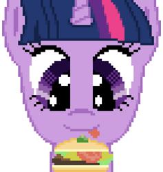 Size: 576x608 | Tagged: safe, artist:silent pone, derpibooru original, character:twilight sparkle, species:alicorn, species:pony, borgarposting, burger, cheese, female, food, lettuce, mare, pixel art, simple background, solo, tomato, tongue out, transparent background