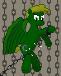 Size: 592x736 | Tagged: safe, artist:silent pone, derpibooru original, oc, oc:murky, species:pegasus, species:pony, fallout equestria, broken, chains, fallout equestria: murky number seven, fanfic art, male, pixel art, rearing, shackles, solo, stallion