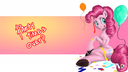 Size: 1920x1080 | Tagged: safe, artist:relydazed, character:pinkie pie, species:earth pony, species:pony, balloon, confetti, female, looking sideways, mare, sitting, smiling, solo, unshorn fetlocks, wallpaper