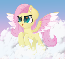 Size: 4729x4309 | Tagged: safe, artist:windykirin, character:fluttershy, species:pegasus, species:pony, cloud, colored wings, determined, female, flying, mare, multicolored wings, solo, sunset, wings