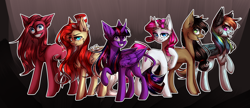 Size: 3000x1296 | Tagged: safe, artist:paintpalet35, character:applejack, character:fluttershy, character:pinkamena diane pie, character:pinkie pie, character:rainbow dash, character:rarity, character:twilight sparkle, character:twilight sparkle (alicorn), species:alicorn, species:earth pony, species:pegasus, species:pony, species:unicorn, applepills, corrupted, curved horn, elements of insanity, female, fluttershout, horn, leonine tail, mare, pinkis cupcake, rainbine, rainbine ears, rarifruit