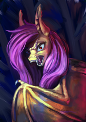 Size: 2560x3625 | Tagged: safe, artist:terrafomer, part of a set, character:flutterbat, character:fluttershy, species:bat pony, species:pony, bat ponified, bat wings, bust, fangs, female, high res, hissing, looking at you, mare, open mouth, race swap, red eyes, solo, spread wings, wings