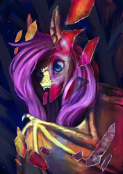 Size: 2560x3625 | Tagged: safe, alternate version, artist:terrafomer, part of a set, character:flutterbat, character:fluttershy, species:bat pony, species:pegasus, species:pony, bat ponified, bat wings, bust, duality, fangs, female, high res, hissing, looking at you, mare, open mouth, race swap, red eyes, shards, smiling, solo, spread wings, wings