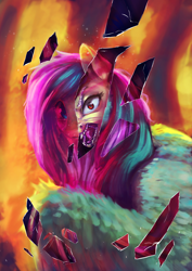 Size: 2560x3625 | Tagged: safe, alternate version, artist:terrafomer, part of a set, character:flutterbat, character:fluttershy, species:bat pony, species:pegasus, species:pony, bat ponified, bust, duality, fangs, female, high res, hissing, looking at you, mare, open mouth, race swap, red eyes, shards, smiling, solo, spread wings, wings