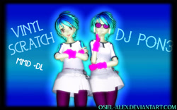 Size: 2797x1743 | Tagged: safe, artist:osiel-alex, character:dj pon-3, character:vinyl scratch, my little pony:equestria girls, 3d, alternate hairstyle, blue background, clothing, female, fingerless gloves, gloves, jacket, leggings, mmd, simple background, skirt, solo, vinyl's glasses