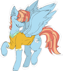 Size: 1040x1180 | Tagged: safe, artist:dashkatortik12222222, artist:millerrachel, character:windy whistles, species:pegasus, species:pony, clothing, collaboration, cute, female, hair covering eyes, mare, raised hoof, shirt, simple background, smiling, solo, spread wings, transparent background, windybetes, wings