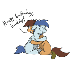 Size: 2190x2000 | Tagged: safe, artist:kippzu, oc, oc only, oc:slipstream, species:earth pony, species:pegasus, species:pony, birthday, commission, dialogue, floppy ears, high res, hug, simple background, transparent background