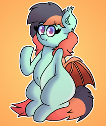Size: 913x1086 | Tagged: safe, artist:retro_hearts, oc, oc only, oc:coral reef, species:bat pony, species:pony, belly, belly button, female, gradient background, looking at you, mare, sitting, solo