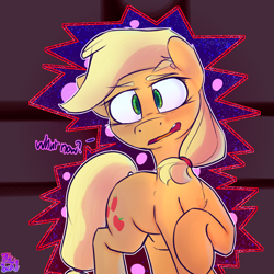 Size: 3000x3000 | Tagged: safe, artist:packy paca, character:applejack, species:earth pony, species:pony, angry, hatless, looking at you, missing accessory, text