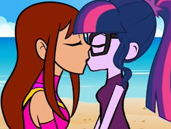 Size: 1071x810 | Tagged: safe, artist:thatradhedgehog, character:twilight sparkle, character:twilight sparkle (scitwi), species:eqg human, my little pony:equestria girls, beach, crossover, crossover shipping, female, kissing, lesbian, scistar, shipping, starfire, teen titans