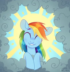 Size: 2008x2051 | Tagged: safe, artist:n in a, character:rainbow dash, species:pegasus, species:pony, episode:the ticket master, g4, my little pony: friendship is magic, cloud, cute, dashabetes, eyes closed, female, high res, mare, on a cloud, scene interpretation, smiling, solo, sun, sunlight