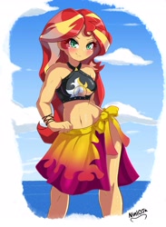 Size: 2543x3474 | Tagged: safe, artist:nin10ja, character:sunset shimmer, my little pony:equestria girls, bikini, blushing, clothing, female, looking at you, sarong, smiling, solo, summer sunset, swimsuit