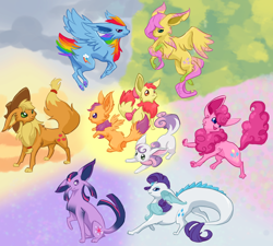 Size: 1338x1203 | Tagged: safe, artist:bedupolker, character:apple bloom, character:applejack, character:fluttershy, character:pinkie pie, character:rainbow dash, character:rarity, character:scootaloo, character:sweetie belle, character:twilight sparkle, colored paws, colored wings, colored wingtips, crossover, cutie mark crusaders, eevee, eeveelutions, espeon, flareon, gradient background, jolteon, leafeon, pokefied, pokémon, species swap, vaporeon