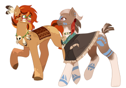 Size: 1280x896 | Tagged: safe, artist:kookiebeatz, oc, oc only, oc:matoka, oc:woohitike, species:bird, species:earth pony, species:pony, clothing, commission, ear piercing, earring, face paint, feather, female, jewelry, mare, markings, multicolored hair, necklace, open mouth, piercing, raised hoof, raised leg, robe, simple background, skull, tattoo, transparent background, trotting