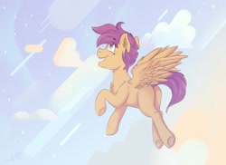 Size: 1280x934 | Tagged: safe, artist:tavifly, character:scootaloo, species:pegasus, species:pony, blank flank, chest fluff, cloud, cute, cutealoo, ear fluff, female, filly, flying, open mouth, scootaloo can fly, sky, smiling, solo, spread wings, wings