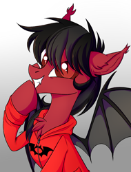 Size: 2185x2881 | Tagged: safe, artist:kannakiller, species:bat pony, species:pony, bat wings, bust, chest fluff, clothing, colored pupils, commission, ear fluff, fall out boy, fangs, gradient background, grin, happy, hoodie, male, messy mane, pete wentz, ponified, raised hoof, slit eyes, smiling, solo, spread wings, stallion, wings, ych result