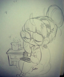 Size: 600x713 | Tagged: safe, artist:ilianagatto, character:twilight sparkle, species:human, book, candle, chibi, eyes closed, female, glasses, humanized, monochrome, sketch, solo, traditional art