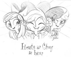 Size: 851x683 | Tagged: safe, artist:ilianagatto, character:apple bloom, character:scootaloo, character:sweetie belle, species:human, blush sticker, blushing, cutie mark crusaders, female, grayscale, hearts as strong as horses, humanized, monochrome, pencil drawing, sketch, traditional art, trio