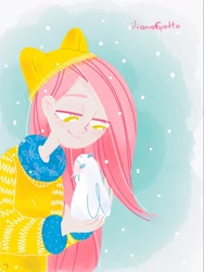 Size: 960x1280 | Tagged: safe, artist:ilianagatto, character:angel bunny, character:fluttershy, species:human, species:rabbit, animal, clothing, duo, hat, humanized, no pupils, smiling, snow, snowfall, sweater