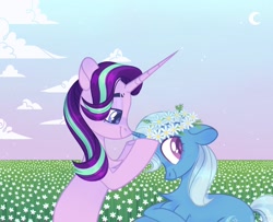 Size: 2048x1661 | Tagged: safe, artist:n in a, character:starlight glimmer, character:trixie, species:pony, species:unicorn, ship:startrix, eyebrows, female, floral head wreath, flower, lesbian, shipping, smiling