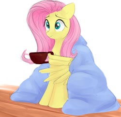 Size: 1388x1345 | Tagged: safe, artist:some_ponu, character:fluttershy, species:pegasus, species:pony, blanket, female, mare, mug, simple background, solo, white background, wing hands, wing hold, wings