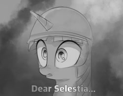 Size: 611x476 | Tagged: safe, artist:some_ponu, character:twilight sparkle, species:alicorn, species:pony, g4, female, flashback, grayscale, helmet, horn, mare, misspelling, monochrome, open mouth, simple background, solo, thousand yard stare, three quarter view, vietnam, vietnam war