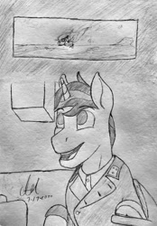 Size: 618x888 | Tagged: safe, artist:biergarten13, character:tank, oc, oc:sift howler, species:pony, species:unicorn, fallout equestria, burning, fallout equestria: ghosts of the past, officer, pak 40, panzer, periscope, solo, tanker, tanksight