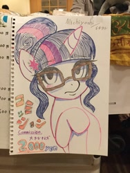 Size: 675x900 | Tagged: safe, artist:michiyoshi, character:twilight sparkle, character:twilight sparkle (scitwi), species:eqg human, species:pony, species:unicorn, my little pony:equestria girls, blushing, equestria girls ponified, female, glasses, hairpin, japanese, looking at you, raised hoof, traditional art, unicorn sci-twi