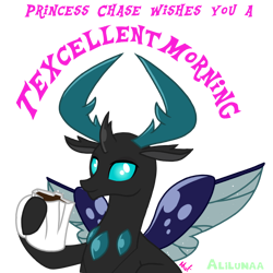 Size: 1000x1000 | Tagged: safe, artist:alilunaa, character:thorax, oc, oc:princess chase, species:changeling, species:reformed changeling, coffee, male, simple background, solo, texcellent morning, transparent background