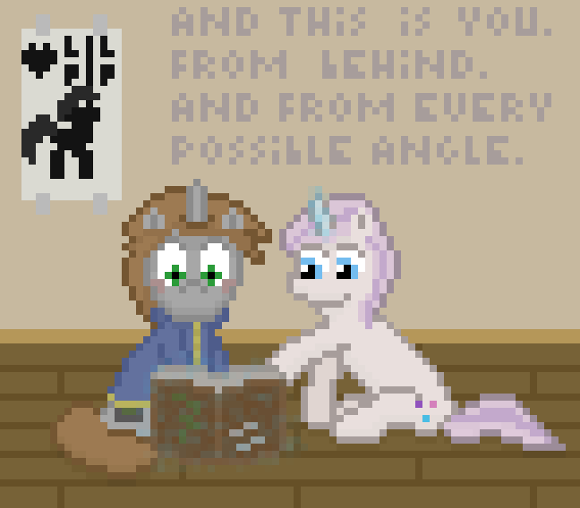 Size: 648x568 | Tagged: safe, artist:silent pone, derpibooru original, oc, oc:glimmerlight, oc:littlepip, species:pony, species:unicorn, fallout equestria, animated, blushing, clothing, embarrassed, fallout equestria: murky number seven, fanfic art, female, gif, heart, magic, mare, pixel art, poster, room, sketchbook, telekinesis, vault suit