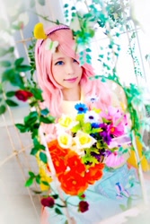 Size: 533x800 | Tagged: safe, artist:don_ttir, character:fluttershy, species:human, butterfly hairpin, clothing, cosplay, costume, flower, hairpin, irl, irl human, photo, pony ears, smiling