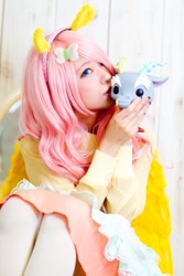 Size: 533x800 | Tagged: safe, artist:don_ttir, character:discord, character:fluttershy, species:human, butterfly hairpin, clothing, cosplay, costume, funko pop!, hairpin, irl, irl human, photo, pony ears